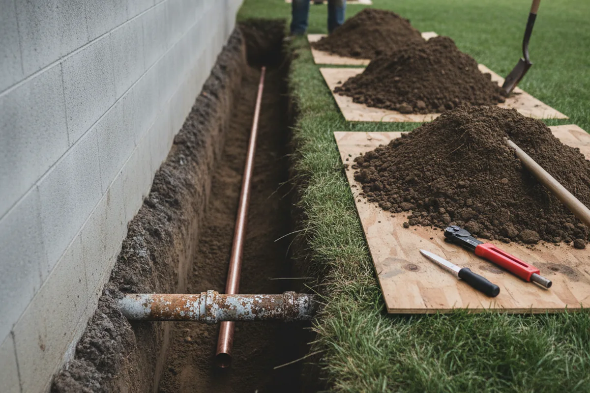 Excavated water line trench during Water Softener Installation in Anacortes